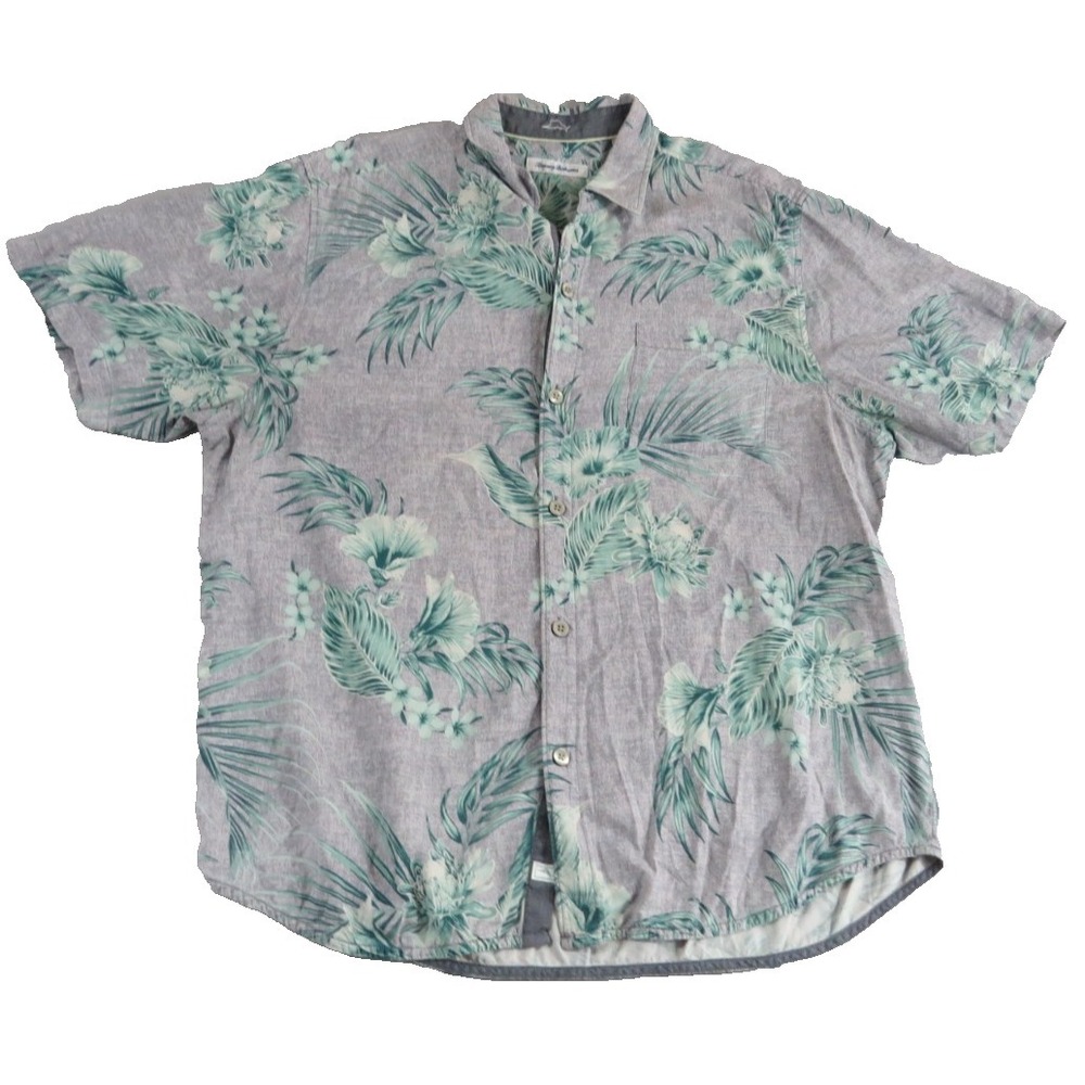 Tommy Bahama Shirt Mens XL Floral Tropical Hawaiian Silk Gray Blue Hibiscus Camp